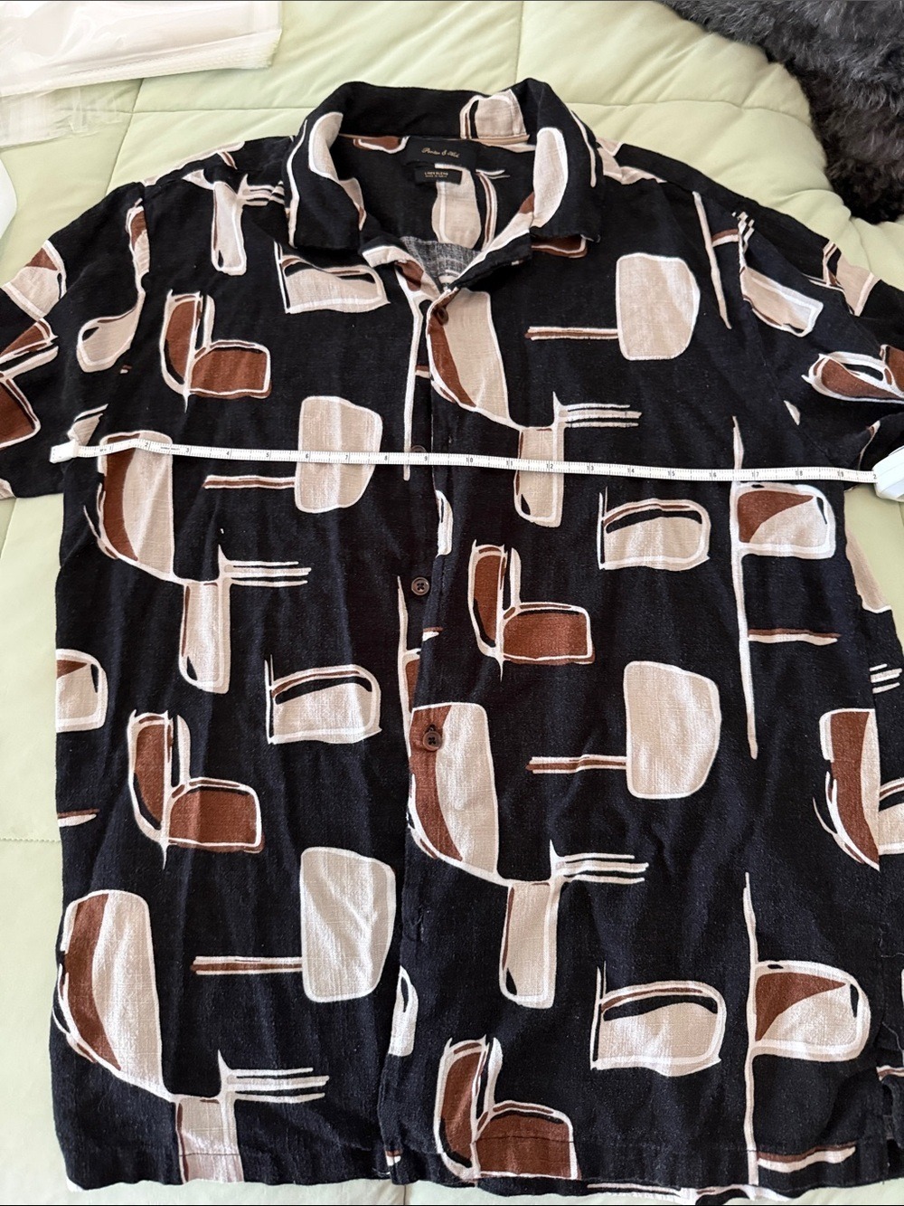 #0114 Men's Short-Sleeve Button-Down Shirt - Black with Brown & Cream Print